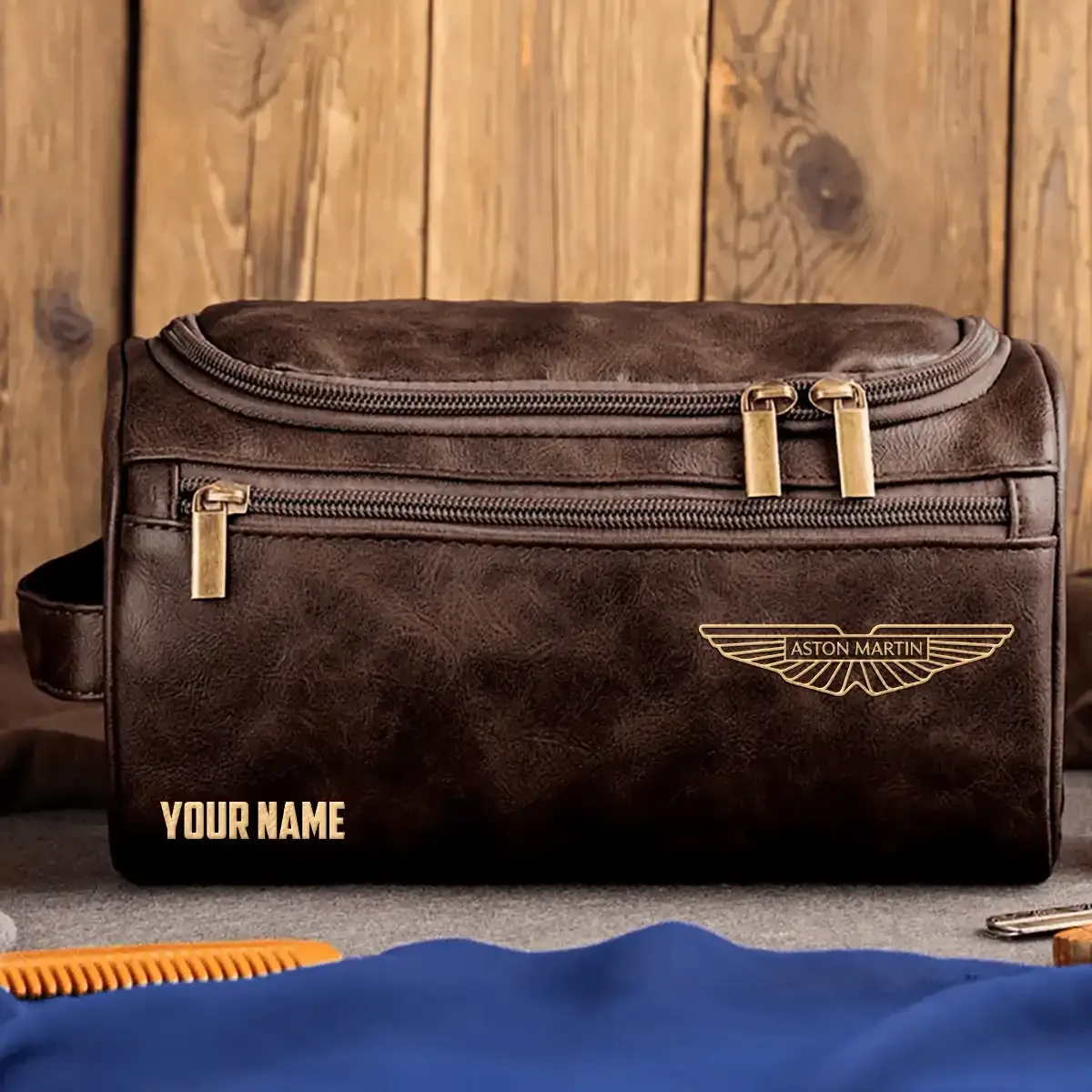 Aston Martin Exclusive Logo Leather Toiletry Bag OUFALB0819AMZ - Aston Martin Bag