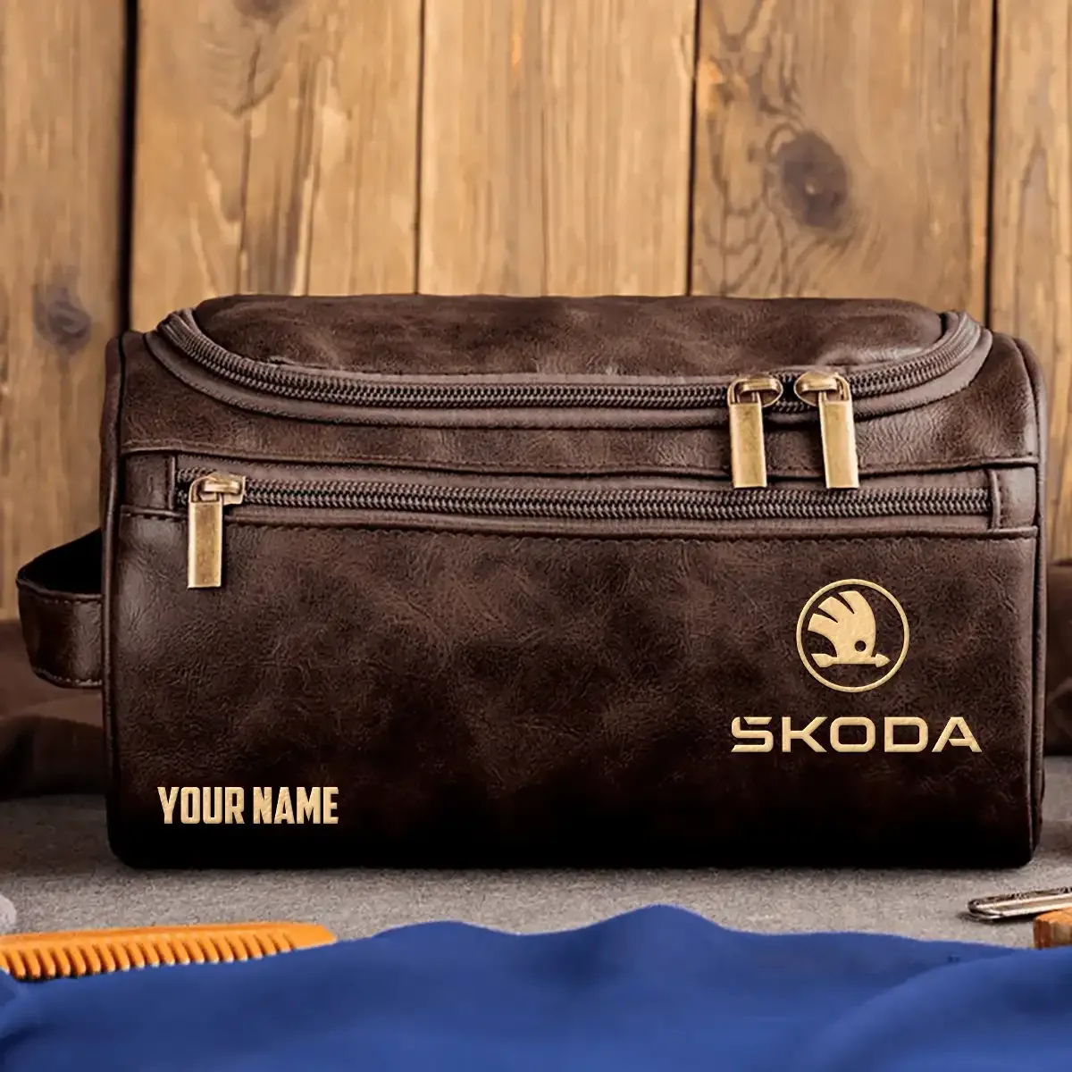 Skoda Exclusive Logo Leather Toiletry Bag OUFALB0819SKOZ - Skoda Bag