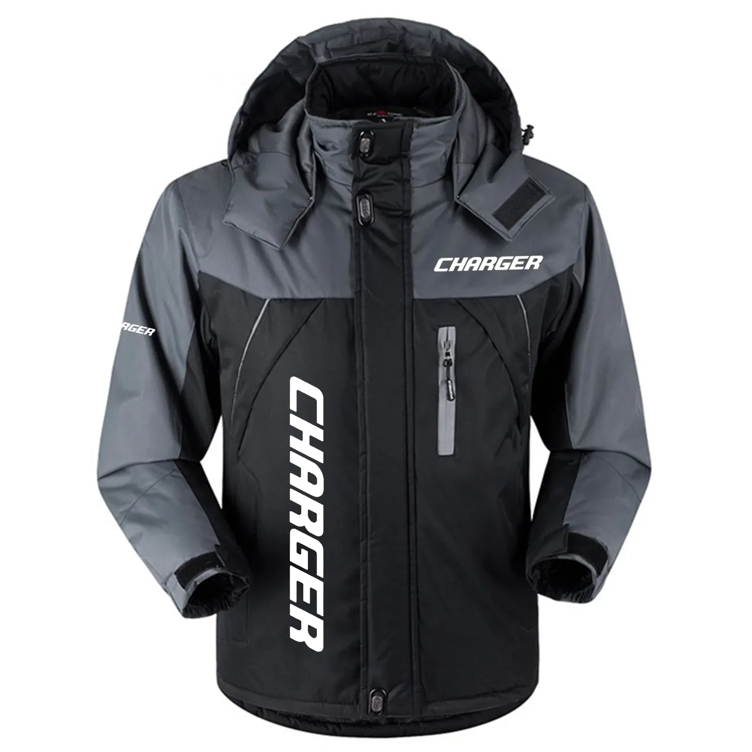 Charger Exclusive Logo Outdoor Charging Suit Slim Fit Plush Waterproof Windproof Jacket Detachable Hood HCPDPCS1409CGZ - Charger Gift
